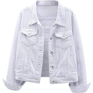 Women's Jean Jacket Distressed Ripped Denim Jacket Coat with Pockets White